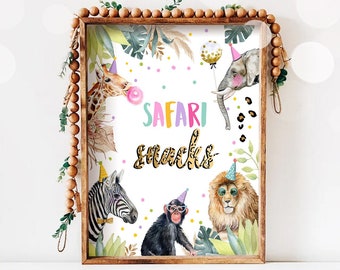 Safari Snacks Sign Birthday Decor Safari Birthday Wild One Animals Party Animals Girl Food Zoo Party Jungle Elephant Download Printable 0417