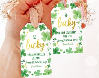 Editable St. Patrick's Day Tag Staff Gift Lucky To Have Coworkers Appreciation Team Member Office Friend Gift Clovers Template Corjl 0451