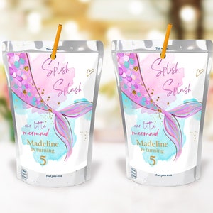 Etiqueta editable para bolsa de jugo de sirena, recuerdo de fiesta de cumpleaños de sirena, niña rosa bajo el mar, plantilla imprimible digital 0403