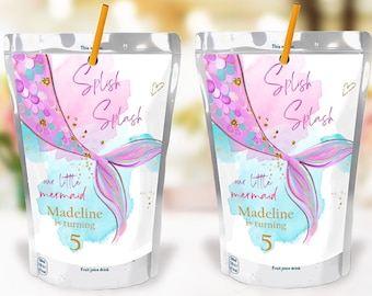 Editable Mermaid Juice Pouch Label Juice Favors Mermaid Birthday Party Girl Pink Under The Sea Digital Download Template Printable 0403