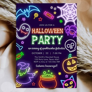 May include: A Halloween party invitation with a dark purple background and neon-style illustrations of a bat, spiderweb, ghost, skull, pumpkin, and witch. The text reads "HALLOWEEN PARTY" with event details and "Costumes Encouraged!"