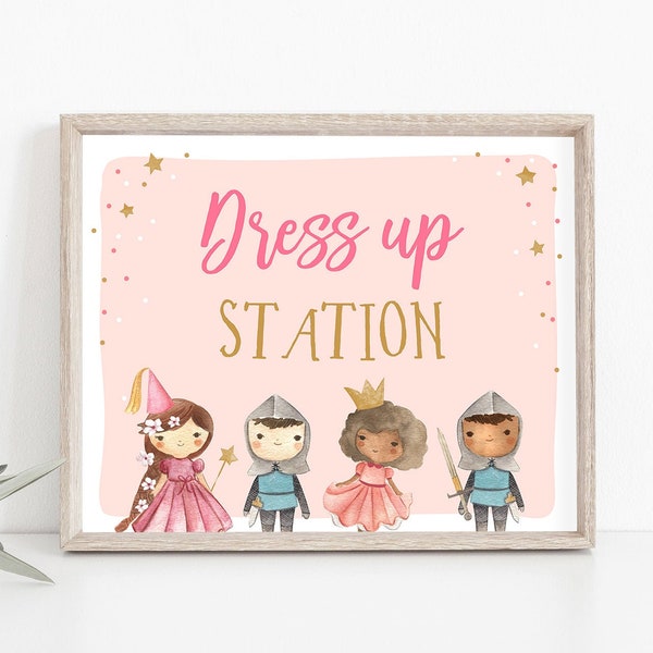 Princess and Knights Dress Up Station Sign Princess Knights Birthday Party Pink Gold Boy Girl Decorations Instant Download PRINTABLE 0171