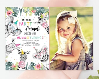 Editable Party Animals Birthday Invitation Wild One Animals Invitation Safari Animals Girl Digital Download Evite Template Printable 0322