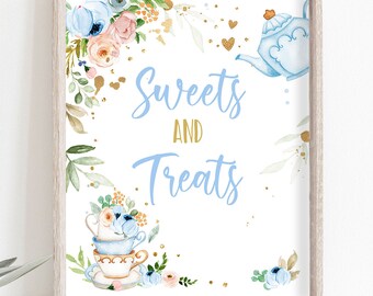 Sweets & Treats Sign Tea Baby Shower Party Sign Blue Gold Baby is Brewing Desserts Table Sign Decorations Instant Download Printable 0349