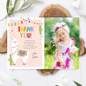 Editable Whole Llama Fun Thank You Card Llama Alpaca Birthday Cactus Girl Pink Fiesta Mexican Photo Download Printable Corjl Template 0079