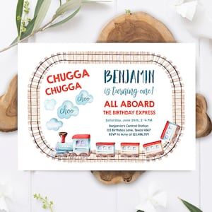 Editable Train Birthday Invitation Vintage Train Party Train Invitation Chugga Choo All Aboard Boy Download Printable Template Corjl 0149