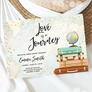 Editable Love is a Journey Bridal Shower Invitation Travel Adventure Gold Confetti Pink Floral Suitcases Download Template Printable 0263