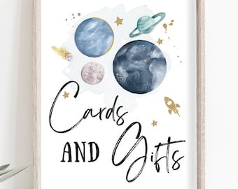 Cards and Gifts Sign Space Party Sign Outer Space Birthday Sign Galaxy Party Decor Gifts Table Boy Astronaut Sign Planets Printable 0357