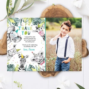 Editable Thank You Card Safari Animals Wild One Two Wild Thank You Note Boy Blue Gold Jungle Zoo Party Animals Corjl Template Digital 0322