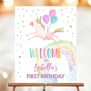 Editable Unicorn Welcome Sign Unicorn Birthday Door Sign Rainbow Girl Magical Unicorn Party Sign Pink First Digital Template Printable 0336