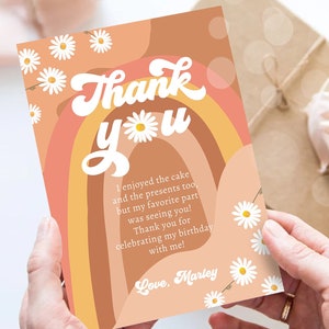 Cartão de agradecimento de aniversário Groovy editável Groovy Baby ShowerTwo Groovy One Boho Retro 70s Daisy Digital Download Template Printable 0428