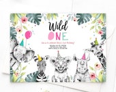 Editable Wild One Birthday Invitation Girl Safari Animals Invite Pink and Gold Party Animals Download Printable Template Corjl Digital 0322 Il_170x135