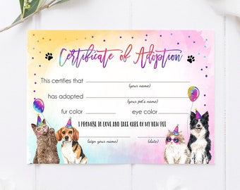 Pet Adoption Certificate Cats and Dogs Birthday Party Adopt A Pet Girl Pawty Kitten Dog Adoption Puppy Party Download Digital PRINTABLE 0460