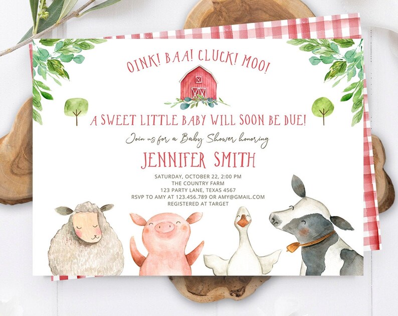 Editable Farm Baby Shower Invitation Gender Neutral Farm Animals Boy Barnyard Sprinkle Watercolor Download Corjl Template
