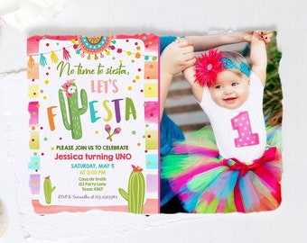 Editable Let's Fiesta Birthday Invitation Cactus Succulent First Birthday Party Girl 1st Mexican Uno Download Corjl Template Printable 0134