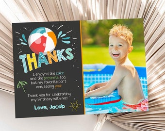 Editable Splish Splash Pool Party Thank You Card Birthday Pool Party Boy Beach Thank You Note Photo Template Instant Download Corjl 0169