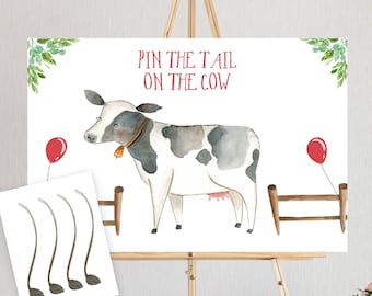 Editable Pin the Tail on the Cow Farm Birthday Game Farm Animals Party Animals Decor Barnyard Boy Red Download Printable Digital Corjl 0155