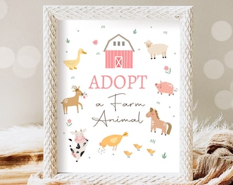 Adopt a Farm Animal Party Sign Farm Birthday Sign Favor Barnyard Birthday Farm Animals Girl Favor Sign Modern Pink Farm Party Printable 0436