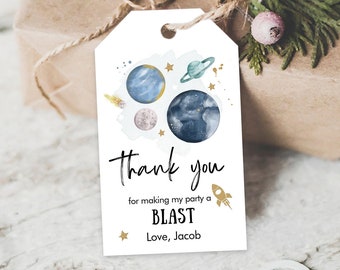 Editable Outer Space Favor Tags Space Birthday Thank you Label Galaxy Gift tags Trip Around the Sun Planets Template Corjl PRINTABLE 0357