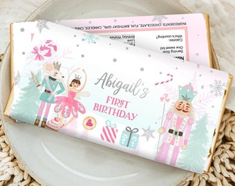 Etiquetas editables para barras de chocolate Cascanueces, barra de dulces, Cascanueces, cumpleaños, Tierra de dulces de invierno, plantilla digital para descargar e imprimir 0352