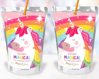 Editable Unicorn Juice Pouch Label Juice Favors Magical Unicorn Birthday Party Girl Pink Rainbow Digital Download Template Printable 0323