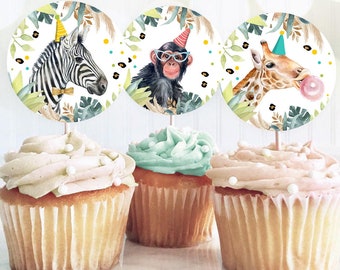 Party Animals Cupcake Toppers Favor Tag Birthday Party Decoration Safari Animals Zoo Birthday Wild One Digital Download Printable 0417