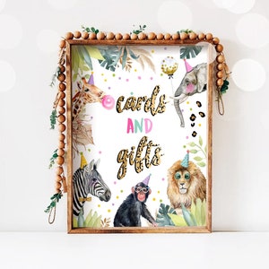 Cartões e presentes Placa de aniversário Festa Animais Animais selvagens Safari Obrigado Mesa Placa de presente Zoo Girl Decoração infantil Baixar para impressão 0417