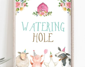Watering Hole Birthday Sign Farm Animals Drink Table Decor Party Animals Birthday Girl Table Sign Barnyard Decorations Drinks Printable 0155