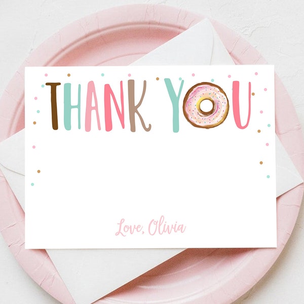 Editable Donut Thank You Card Note Pink Girl Birthday Party Doughnut Thank You Two Sweet One Donut Baby Shower Corjl Template Printable 0368