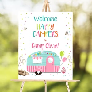 Editable Happy Camper Welcome Sign Camp Birthday Party Girl Pink Smores Bear Camping Glamping Outdoor Fishing Lumberjack Corjl Template 0342