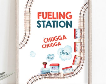 Fueling Station Sign Train Birthday Party Sign Vintage Train Theme Boy Red Blue Drink Table Train Food Table Sign Digital Printable 0149