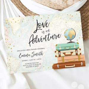 Invitación editable para despedida de soltera "El amor es una aventura" Viajando a casa de la señora Mapa del mundo de viajes Maletas Plantilla de descarga digital Imprimible 0263