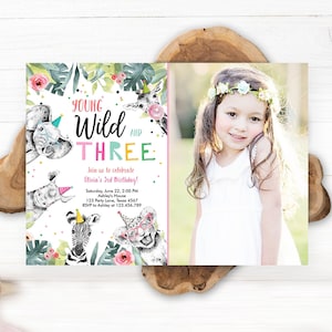 Editable Young Wild and Three Invitation Girl Pink and Gold Safari Animals Zoo Instant Download Printable Template Digital Corjl 0322