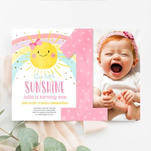 Invito di compleanno modificabile Sunshine Pastel Rainbow Birthday Sun 1° compleanno festa ragazza Scarica Evite Download digitale modello 0402