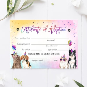 Certificado de adopción de mascotas Fiesta de cumpleaños de gatos y perros Adopta una mascota Niña Pawty Gatito Adopción de perros Fiesta de cachorros Descargar digital IMPRIMIBLE 0460