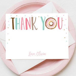 Bearbeitbare Donut Danke-Karte Hinweis Rosa Mädchen-Geburtstagsfeier Donut Danke Zwei Süß Ein Babyparty Digitale Vorlage Printable 0368