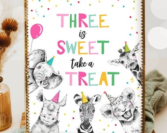 Three is Sweet Take a Treat Birthday Sign Party Animals Decor Safari Wild and Three Animals Girl Table Sign Zoo Party Digital Printable 0390