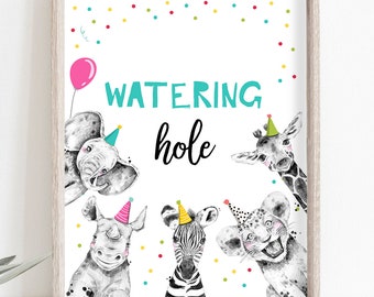 Watering Hole Sign Party Animals Drinks Table Decor Safari Animals Wild One Pink Girl Zoo Juice Digital Digital Download Printable 0390