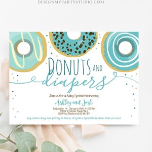Editable Donuts and Diapers Baby Shower Invitation Sprinkle Sprinkled With Love Coed Boy Blue Pastel Download Printable Corj Template 0050