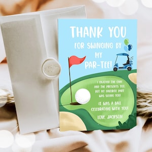 Bewerkbare golfbedankkaart golfen verjaardag par-T-shirt swingend door hole-in-one golfbaan jongensmeisje kar afdrukbare Corjl-sjabloon digitaal 0405
