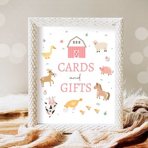 Cards and Gifts Sign Farm Animals Party Animals Girl Birthday Sign Gift Table Pink Farm Girl Modern Barnyard Digital Download Printable 0436