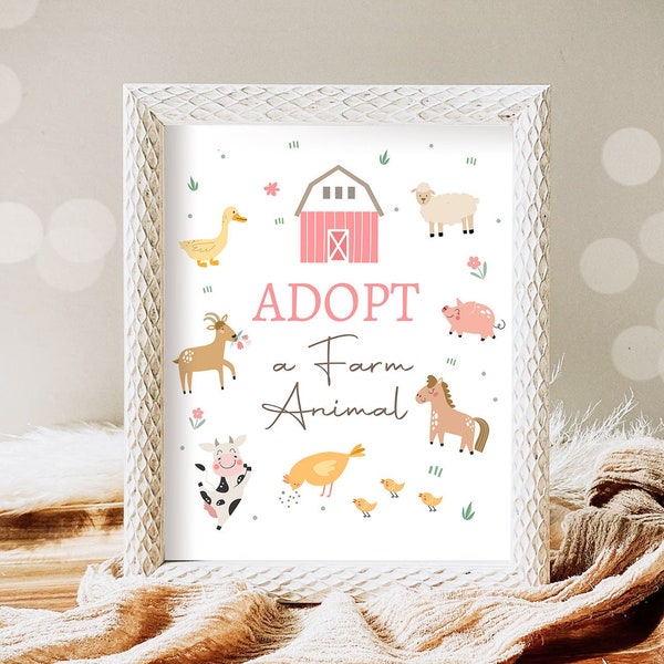 Adopt a Farm Animal Party Sign Farm Birthday Sign Favor Barnyard Birthday Farm Animals Girl Favor Sign Modern Pink Farm Party PRINTABLE 0436