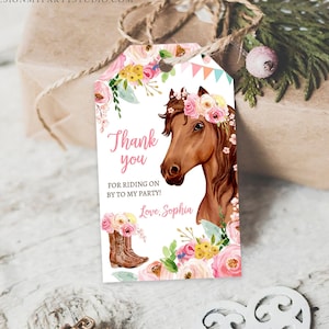 May include: Thank you for riding on by to my party! Love, Sophia. A pink and white horse party favor tag with a brown horse wearing a pink flower crown.