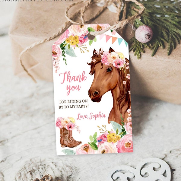 Editable Cowgirl Favor Tags Tags Horse Birthday Party Favor Thank you Tags Girl Horse Party Floral Download Template PRINTABLE Corjl 0408