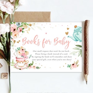 Editable Bring a Book Card Baby is Brewing Baby Shower Tea Party Book Insert Books for Baby Book Request Corjl Template Printable 0349