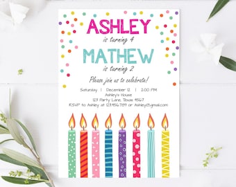 May include: Birthday party invitation with colorful confetti and candles for Ashley turning 4 and Mathew turning 2. The invitation includes the date, time, and location of the party. RSVP information is also included.