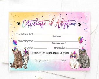 Pet Adoption Certificate Cat Adoption Cat Birthday Party Adopt A Cat Girl Pink Pawty Kitten Adoption Instant Download Digital PRINTABLE 0460