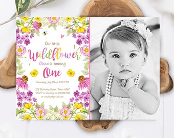 Editable Little Wildflower Birthday Invitation ANY AGE Floral Wild Flower Pink Girl First Birthday 1st Corjl Template Printable 0217