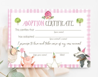 Adopt an Animal Adoption Certificate Farm Animals Adoption Pink Farm Birthday Party Barnyard Birthday Girl Download Digital PRINTABLE 0155
