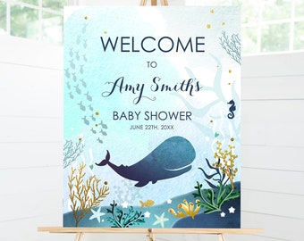 Editable Whale Welcome Sign Baby Shower Birthday Party Nautical Ocean It's a Boy Blue Whale Under the Sea Corjl Template Printable 0118